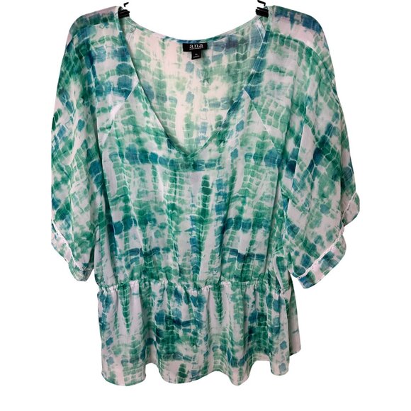 A.N.A Tie-Dye Green & White V-Neck Peasant Top XL Beach Summer Travel Ready - Picture 4 of 5